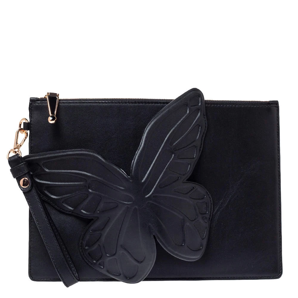 Sophia Webster Black Leather Butterfly Wristlet Pouch For Women