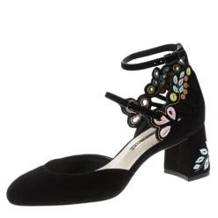 Sophia Webster Black Embroidered Suede Liliana Mary Jane Block Heel Pumps Size 37.5 For Women