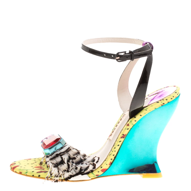 Sophia Webster Multicolor Leather Alyssa Feather Embellished Ankle Strap Wedge Sandals Size 36 For Women - Image 2