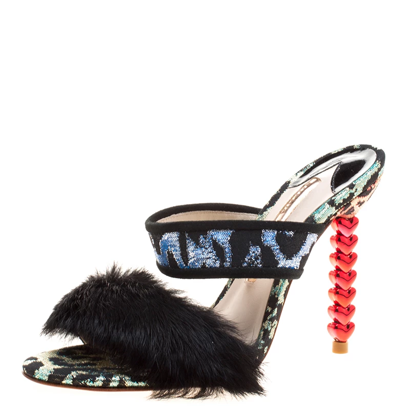 Sophia Webster Multicolor Leopard Woven Fabric Rabbit Fur Trim Skye Sandals Size 36 For Women