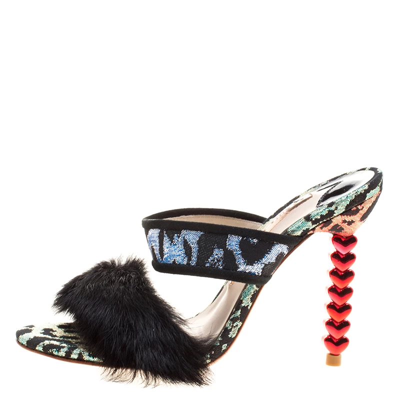 Sophia Webster Multicolor Leopard Woven Fabric Rabbit Fur Trim Skye Sandals Size 36 For Women - Image 2