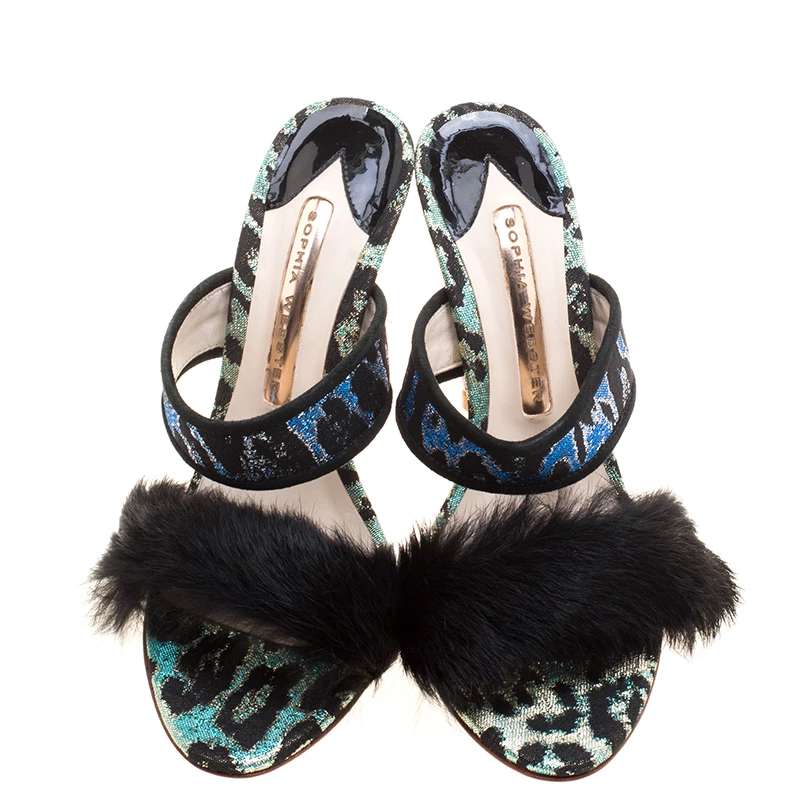 Sophia Webster Multicolor Leopard Woven Fabric Rabbit Fur Trim Skye Sandals Size 36 For Women - Image 3