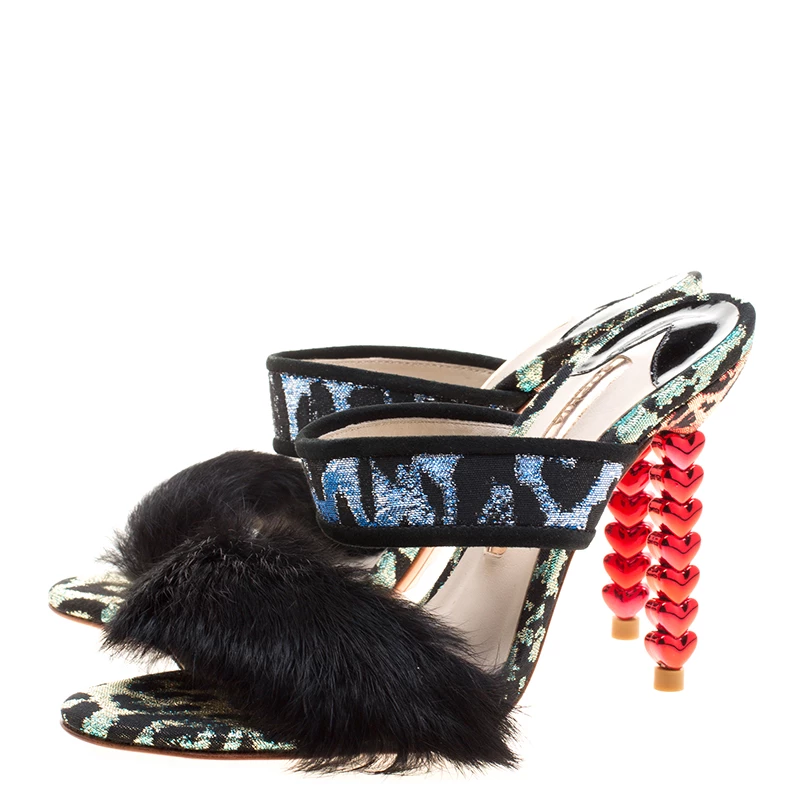 Sophia Webster Multicolor Leopard Woven Fabric Rabbit Fur Trim Skye Sandals Size 36 For Women - Image 4
