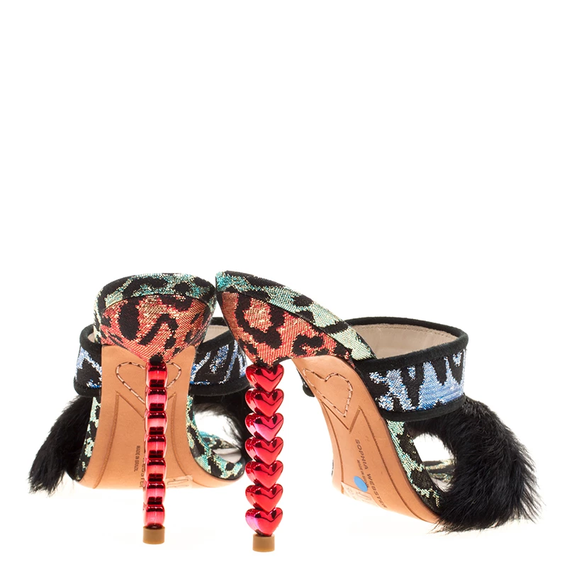 Sophia Webster Multicolor Leopard Woven Fabric Rabbit Fur Trim Skye Sandals Size 36 For Women - Image 5