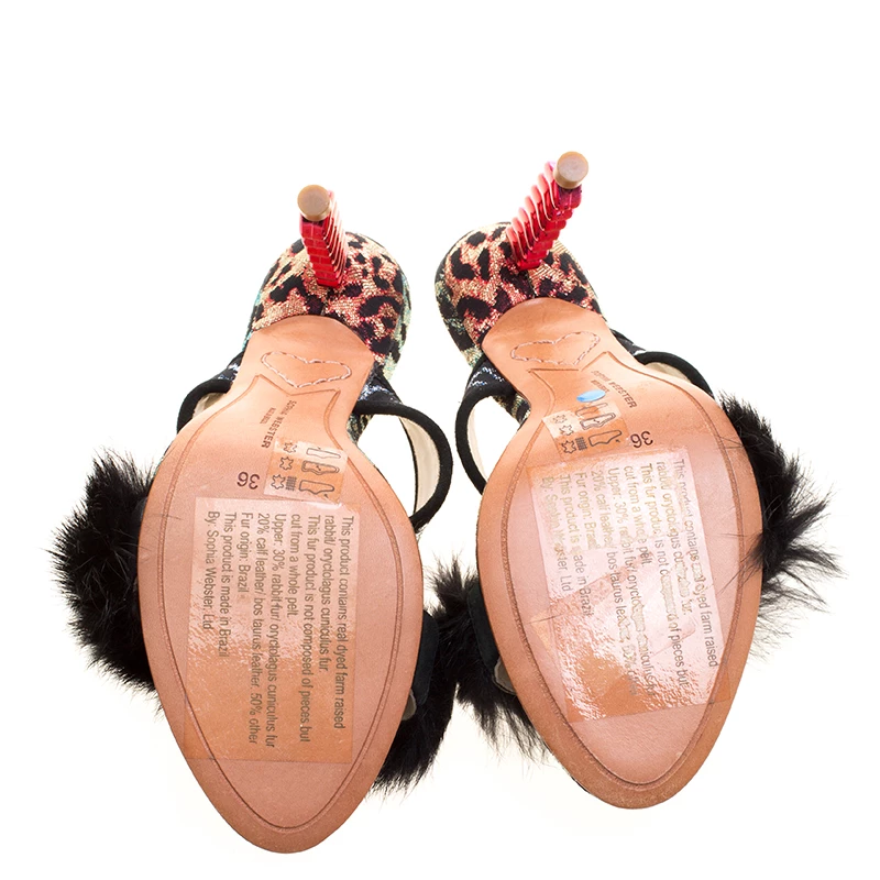 Sophia Webster Multicolor Leopard Woven Fabric Rabbit Fur Trim Skye Sandals Size 36 For Women - Image 6