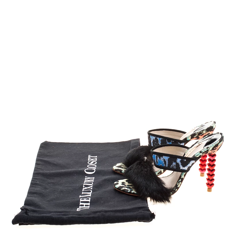 Sophia Webster Multicolor Leopard Woven Fabric Rabbit Fur Trim Skye Sandals Size 36 For Women - Image 8