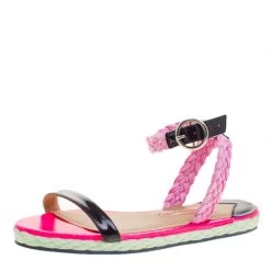 Sophia Webster Pink/Black Straw And Patent Leather Braided Ankle Strap Espadrilles Size 36 For Women