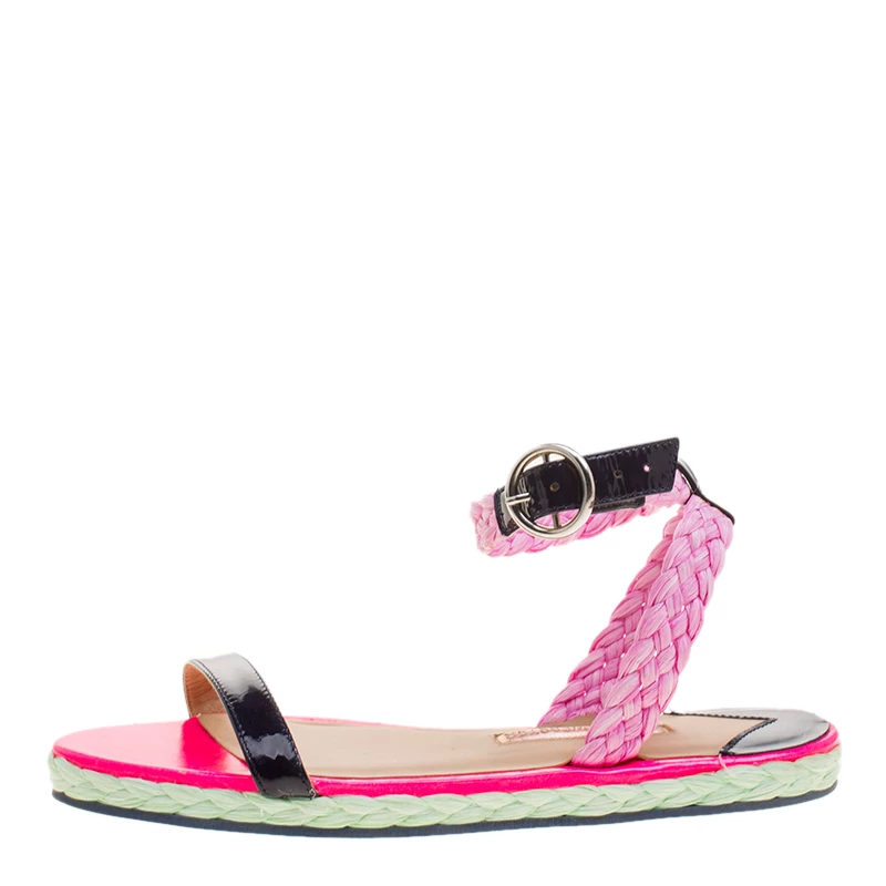 Sophia Webster Pink/Black Straw And Patent Leather Braided Ankle Strap Espadrilles Size 36 For Women - Image 2
