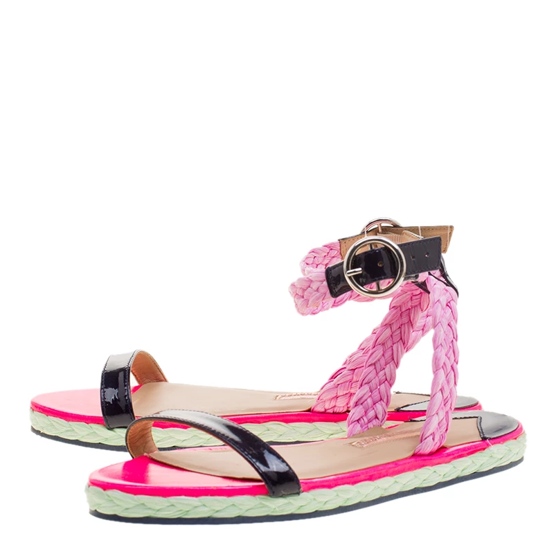 Sophia Webster Pink/Black Straw And Patent Leather Braided Ankle Strap Espadrilles Size 36 For Women - Image 4