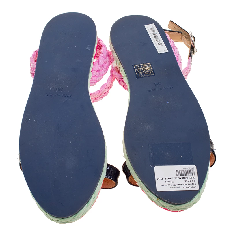 Sophia Webster Pink/Black Straw And Patent Leather Braided Ankle Strap Espadrilles Size 36 For Women - Image 6