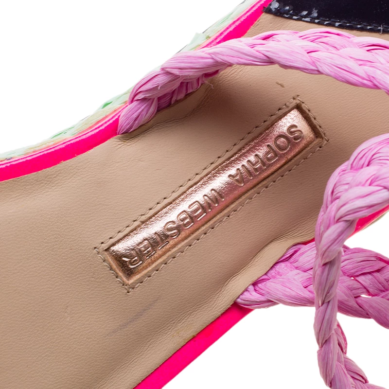 Sophia Webster Pink/Black Straw And Patent Leather Braided Ankle Strap Espadrilles Size 36 For Women - Image 7