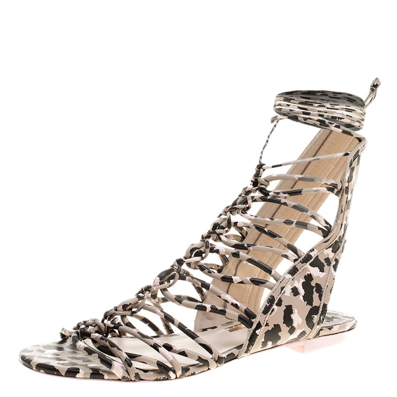 Sophia Webster Multicolor Camo Print Leather Gladiator Flat Sandals Size 36.5 For Women