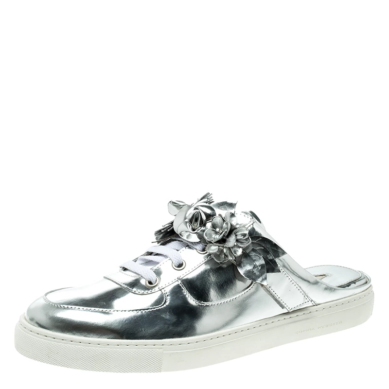 Sophia Webster Metallic Silver Leather Lilico Jessie Sneaker Mules Size 41 For Women
