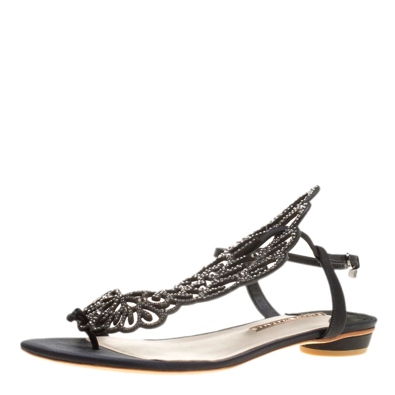 Sophia Webster Black Crystal Embellished Satin Seraphina Angel Wing Flats Size 41 For Women