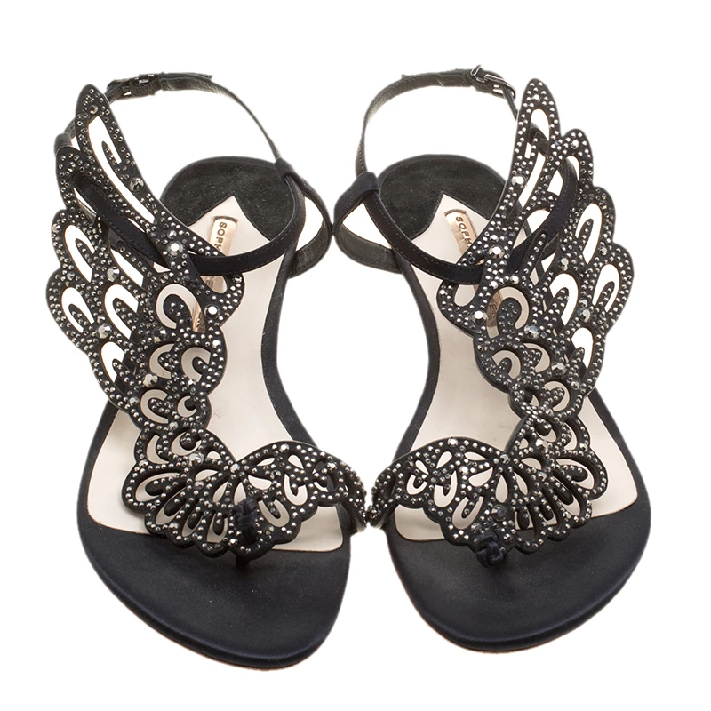 Sophia Webster Black Crystal Embellished Satin Seraphina Angel Wing Flats Size 41 For Women - Image 3