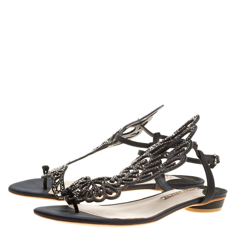 Sophia Webster Black Crystal Embellished Satin Seraphina Angel Wing Flats Size 41 For Women - Image 4
