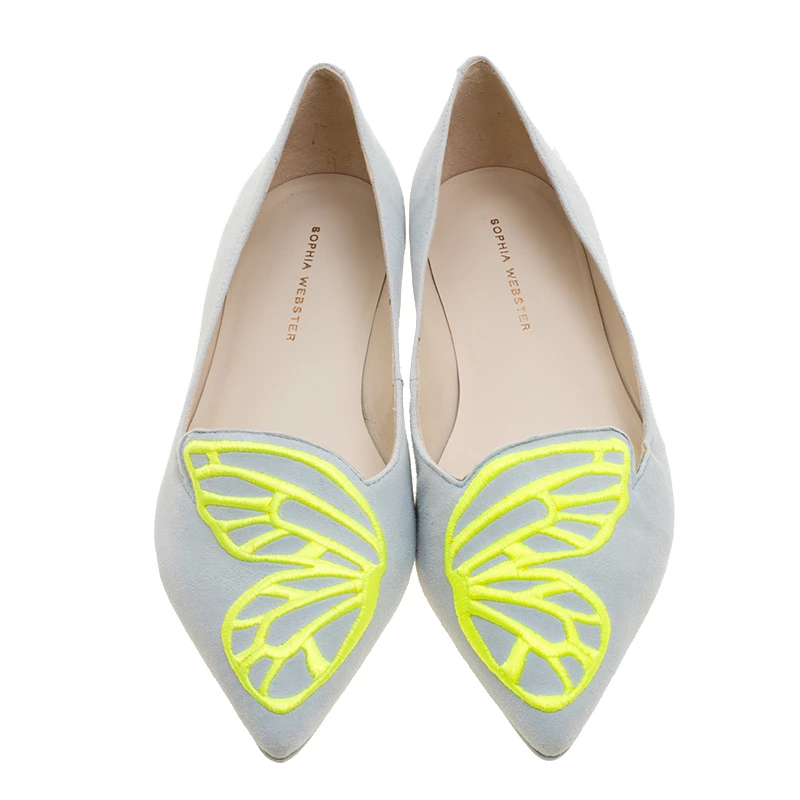 Sophia Webster Light Blue Embroidered Suede Bibi Butterfly Pointed Toe Ballet Flats Size 37 For Women - Image 3