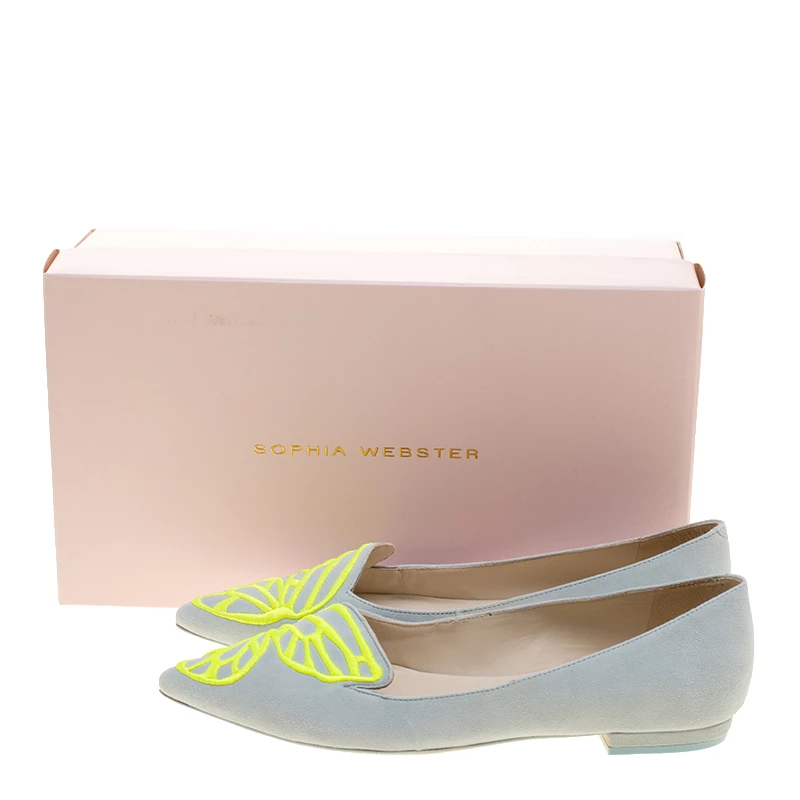 Sophia Webster Light Blue Embroidered Suede Bibi Butterfly Pointed Toe Ballet Flats Size 37 For Women - Image 8