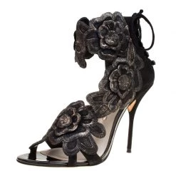 Sophia Webster Black Suede Winona Floral Embroidered Ankle Cuff Sandals Size 41 For Women