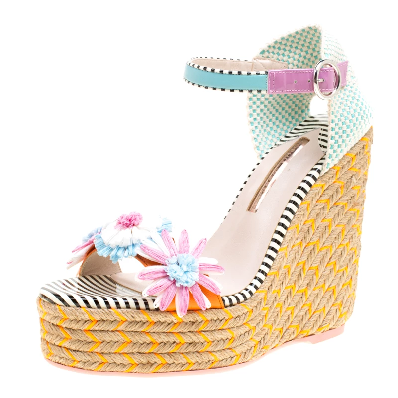 Sophia Webster Multicolor Leather Lucita Flower Embellished Espadrille Wedge Sandals Size 39 For Women