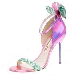 Sophia Webster Metallic Iridescent Pink Leather Maya Crystal Embellished Bow Ankle Strap Sandals Size 39.5 For Women