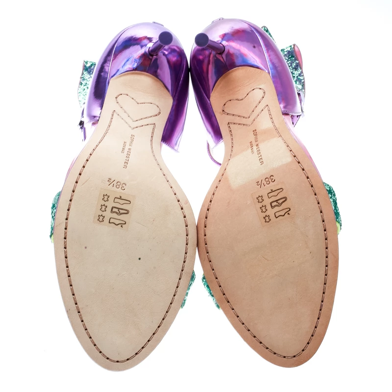 Sophia Webster Multicolor Holographic Leather Maya Glitter Bow Ankle Strap Sandals Size 38.5 For Women - Image 6