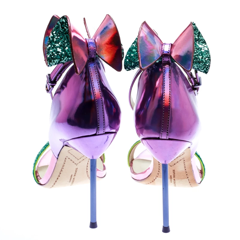 Sophia Webster Multicolor Holographic Leather Maya Glitter Bow Ankle Strap Sandals Size 38.5 For Women - Image 5