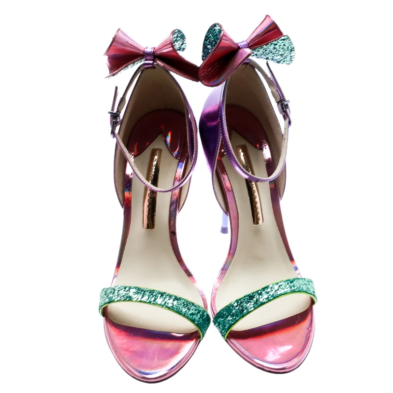 Sophia Webster Multicolor Holographic Leather Maya Glitter Bow Ankle Strap Sandals Size 38.5 For Women - Image 3