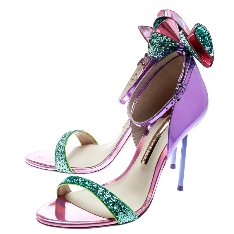 Sophia Webster Multicolor Holographic Leather Maya Glitter Bow Ankle Strap Sandals Size 38.5 For Women - Image 4