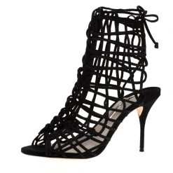 Sophia Webster Black Suede Delphine Peep Toe Cage Sandals Size 39.5 For Women