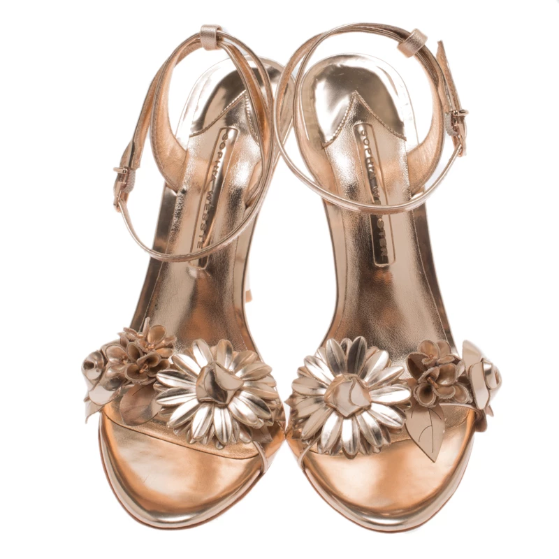 Sophia Webster Metallic Rose Gold Leather Lilico Floral Embellished Ankle Wrap Sandals Size 39 For Women - Image 3