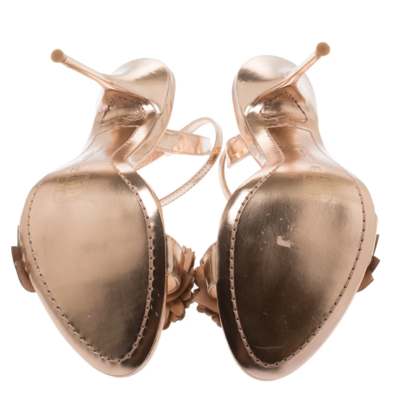 Sophia Webster Metallic Rose Gold Leather Lilico Floral Embellished Ankle Wrap Sandals Size 39 For Women - Image 6