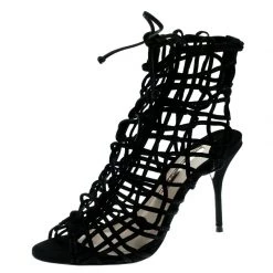 Sophia Webster Black Suede Delphine Peep Toe Cage Sandals Size 38.5 For Women