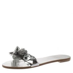 Sophia Webster Metallic Silver Leather Lilico Floral Embellished Flat Slides Size 36.5 For Women