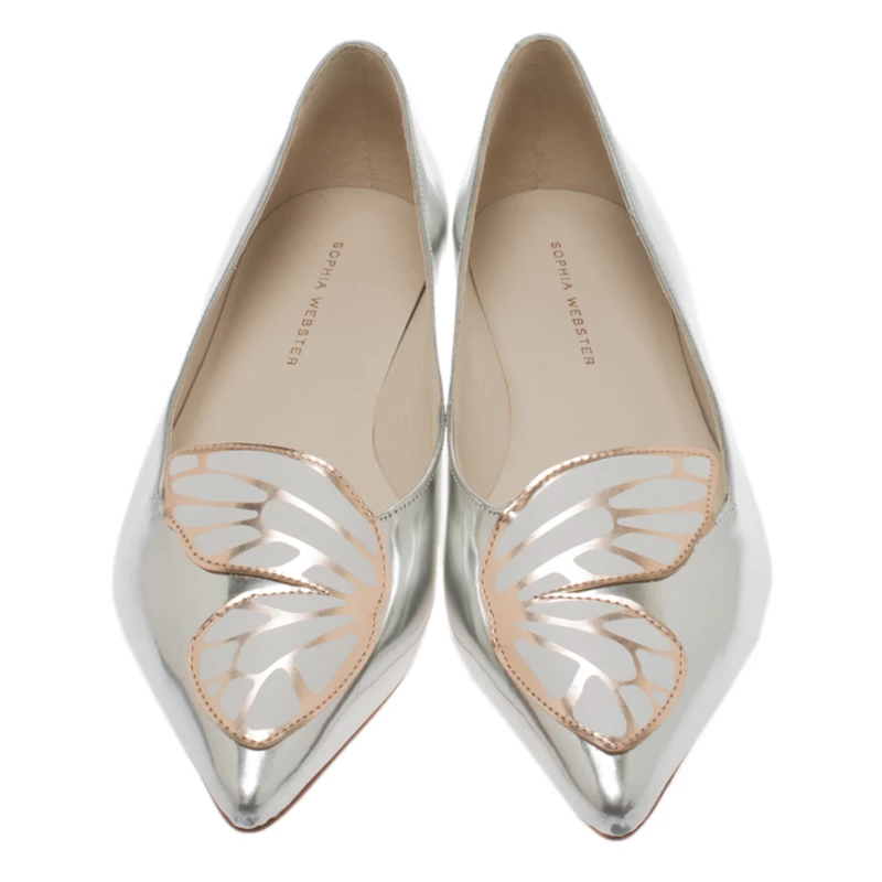 Sophia Webster Metallic Silver Leather Bibi Butterfly Pointed Toe Ballet Flats Size 38.5 For Women - Image 3