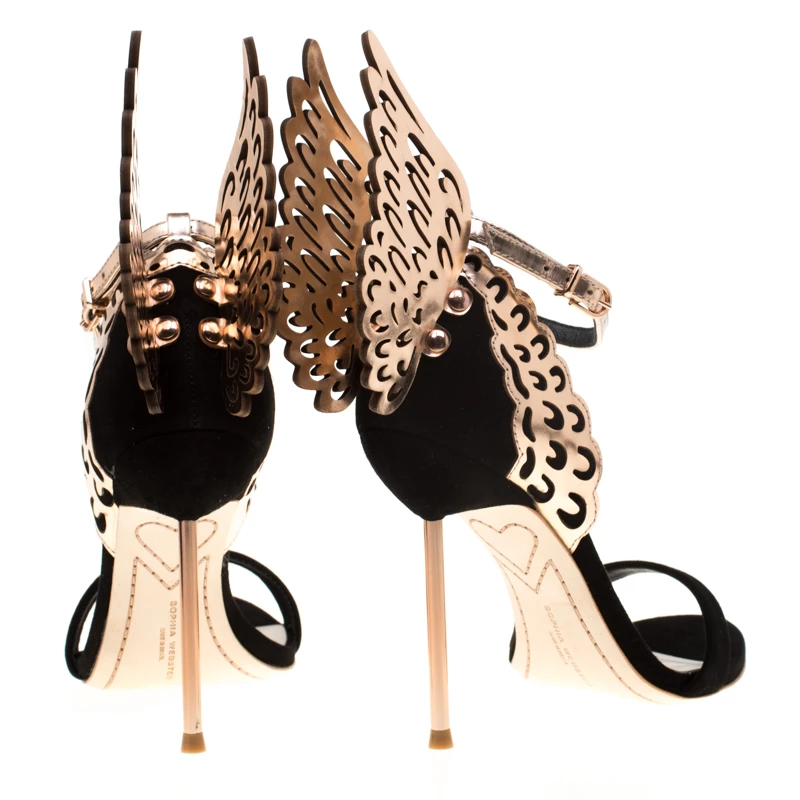 Sophia Webster Black Suede And Laser Cut Rose Gold Leather Evangeline Open Toe Sandals Size 36 For Women - Image 5