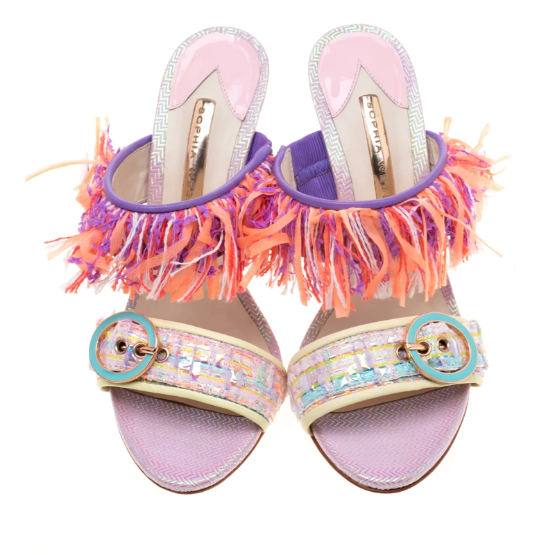 Sophia Webster Multicolor Leather And Tweed Fabric Darla Fringe Buckle Slides Size 36 For Women - Image 3