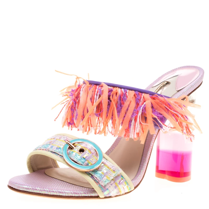 Sophia Webster Multicolor Leather And Tweed Fabric Darla Fringe Buckle Slides Size 36 For Women