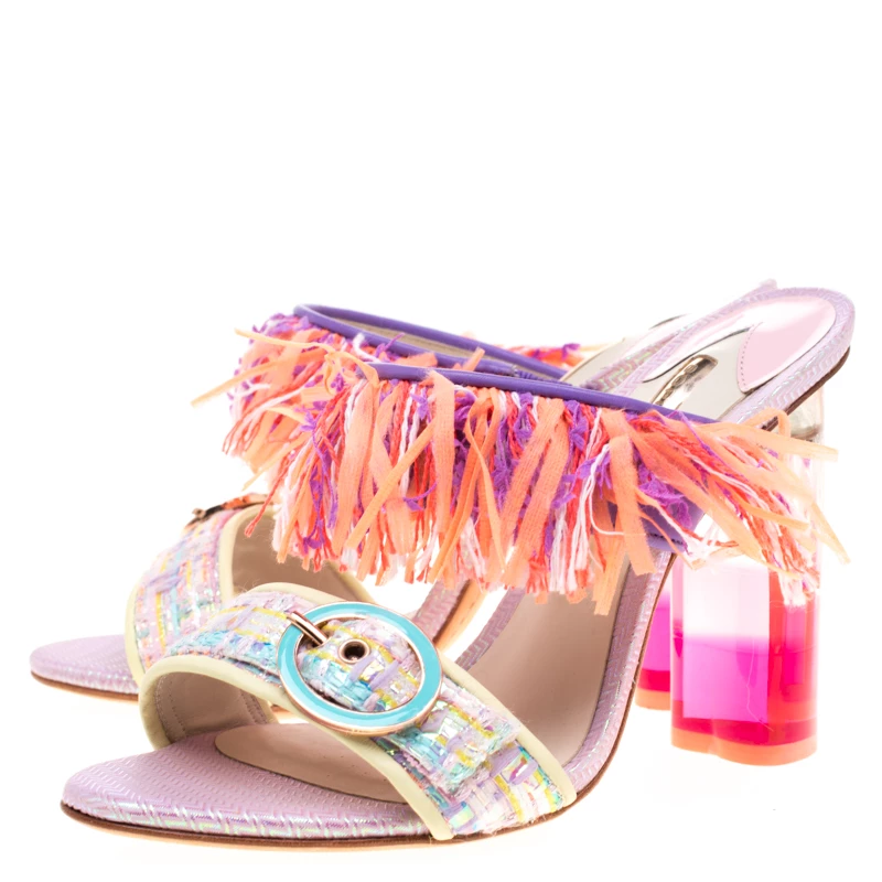 Sophia Webster Multicolor Leather And Tweed Fabric Darla Fringe Buckle Slides Size 36 For Women - Image 4
