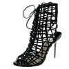 Sophia Webster Black Leather Delphine Peep Toe Cage Sandals Size 38.5 For Women