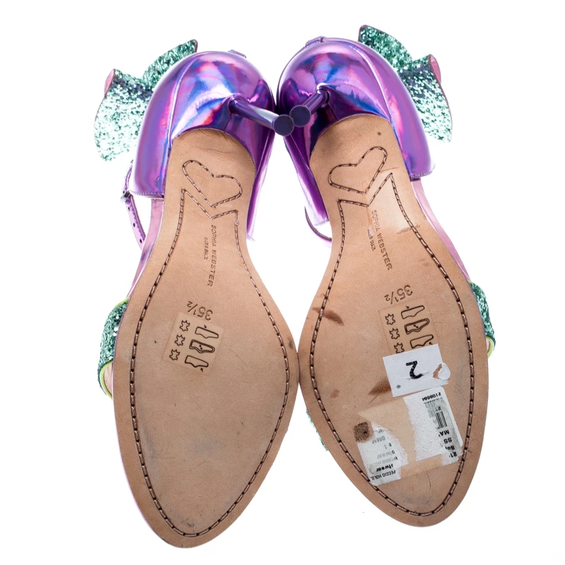 Sophia Webster Metallic Iridescent Pink Leather Maya Crystal Embellished Bow Ankle Strap Sandals Size 35.5 For Women - Image 6