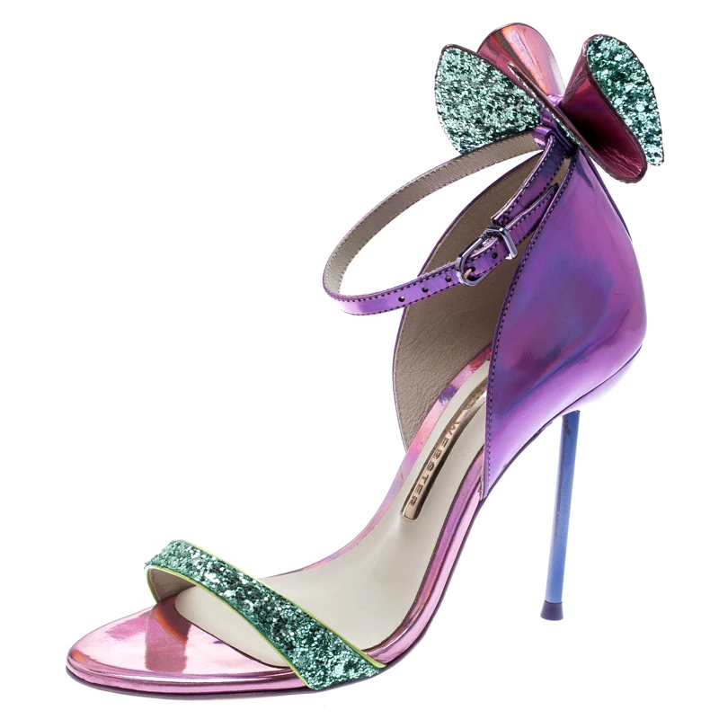 Sophia Webster Metallic Iridescent Pink Leather Maya Crystal Embellished Bow Ankle Strap Sandals Size 35.5 For Women
