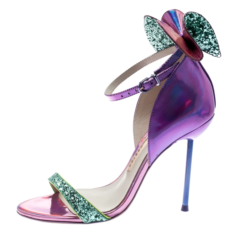 Sophia Webster Metallic Iridescent Pink Leather Maya Crystal Embellished Bow Ankle Strap Sandals Size 35.5 For Women - Image 2