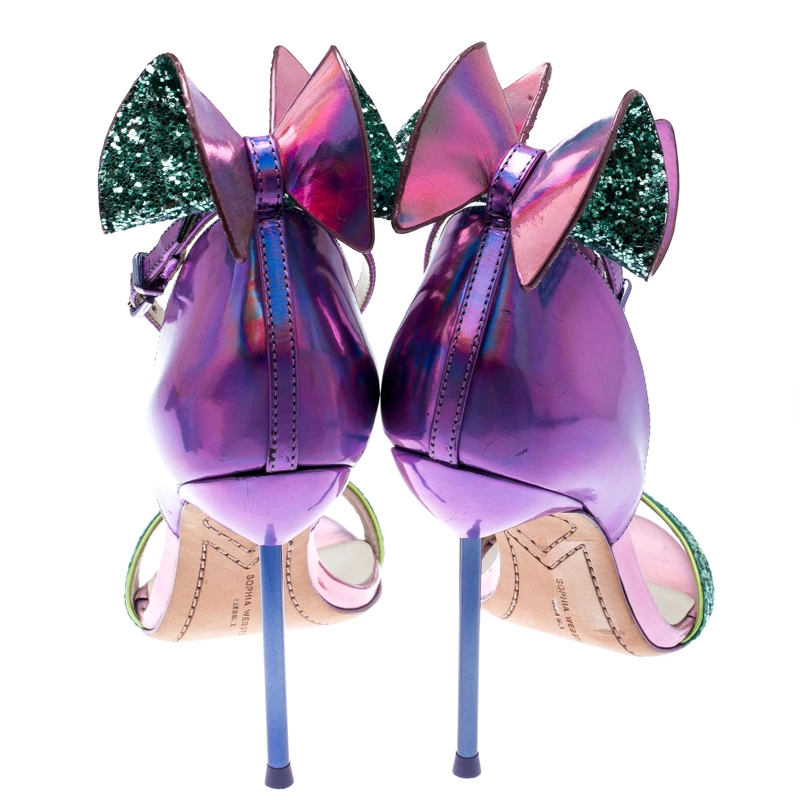 Sophia Webster Metallic Iridescent Pink Leather Maya Crystal Embellished Bow Ankle Strap Sandals Size 35.5 For Women - Image 5