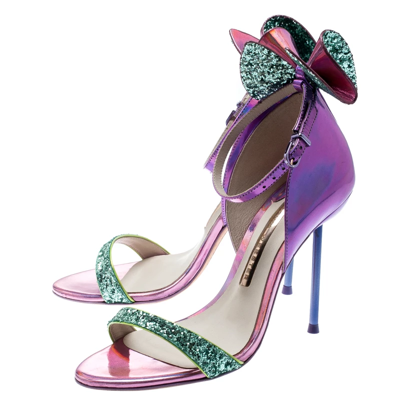 Sophia Webster Metallic Iridescent Pink Leather Maya Crystal Embellished Bow Ankle Strap Sandals Size 35.5 For Women - Image 4