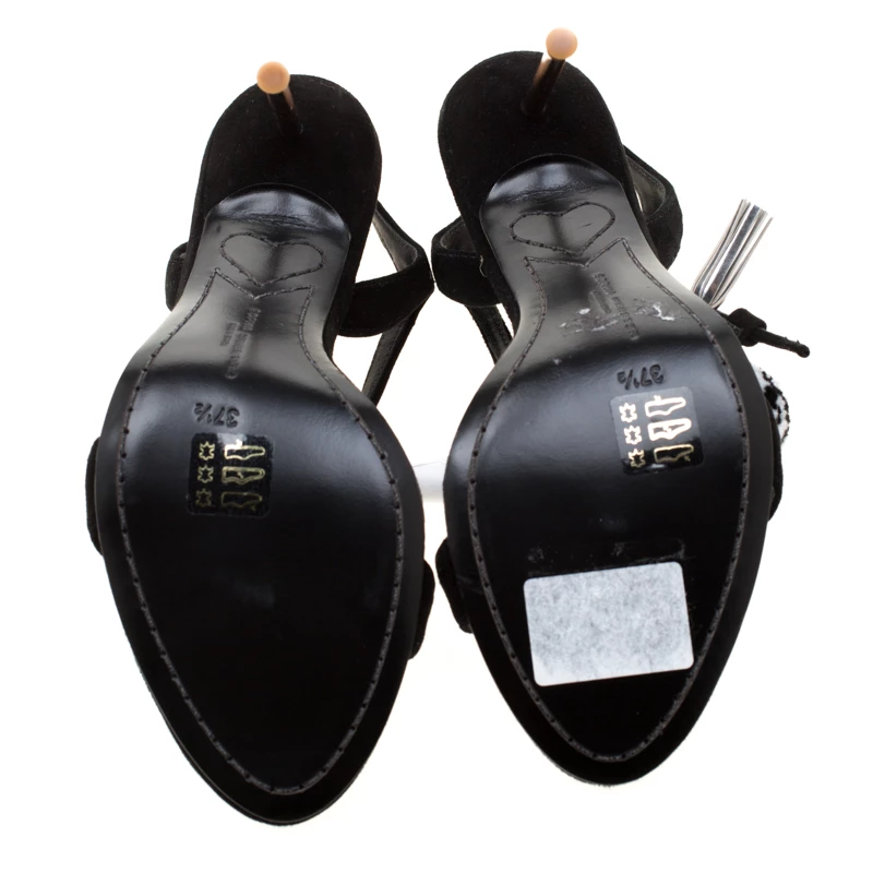 Sophia Webster Black Suede Layla Pom Pom Embellished T-Strap Sandals Size 37.5 For Women - Image 6