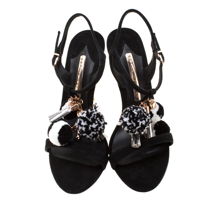 Sophia Webster Black Suede Layla Pom Pom Embellished T-Strap Sandals Size 37.5 For Women - Image 3