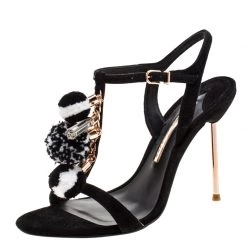 Sophia Webster Black Suede Layla Pom Pom Embellished T-Strap Sandals Size 38.5 For Women