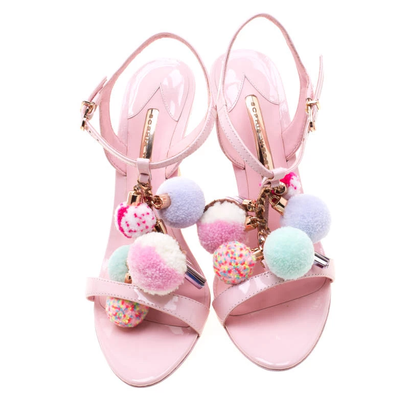 Sophia Webster Pink Leather Layla Pom Pom Embellished T-Strap Sandals Size 39.5 For Women - Image 3
