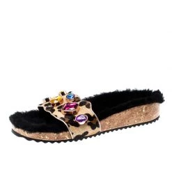 Sophia Webster Beige Leopard Print Calf Hair Crystal Embellished Slides Size 40.5 For Women